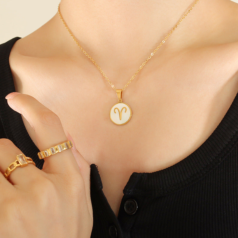 Wholesale Inlaid White Seashell Zodiac Pendant Plated 18K Real Gold Necklaces